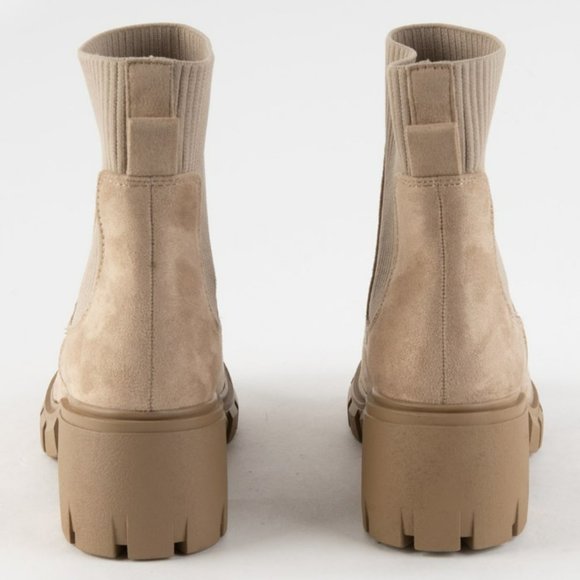 New Wheat Beige Chelsea Sweater Platform Chunky Heel Ankle Boots Booties - Picture 3 of 3